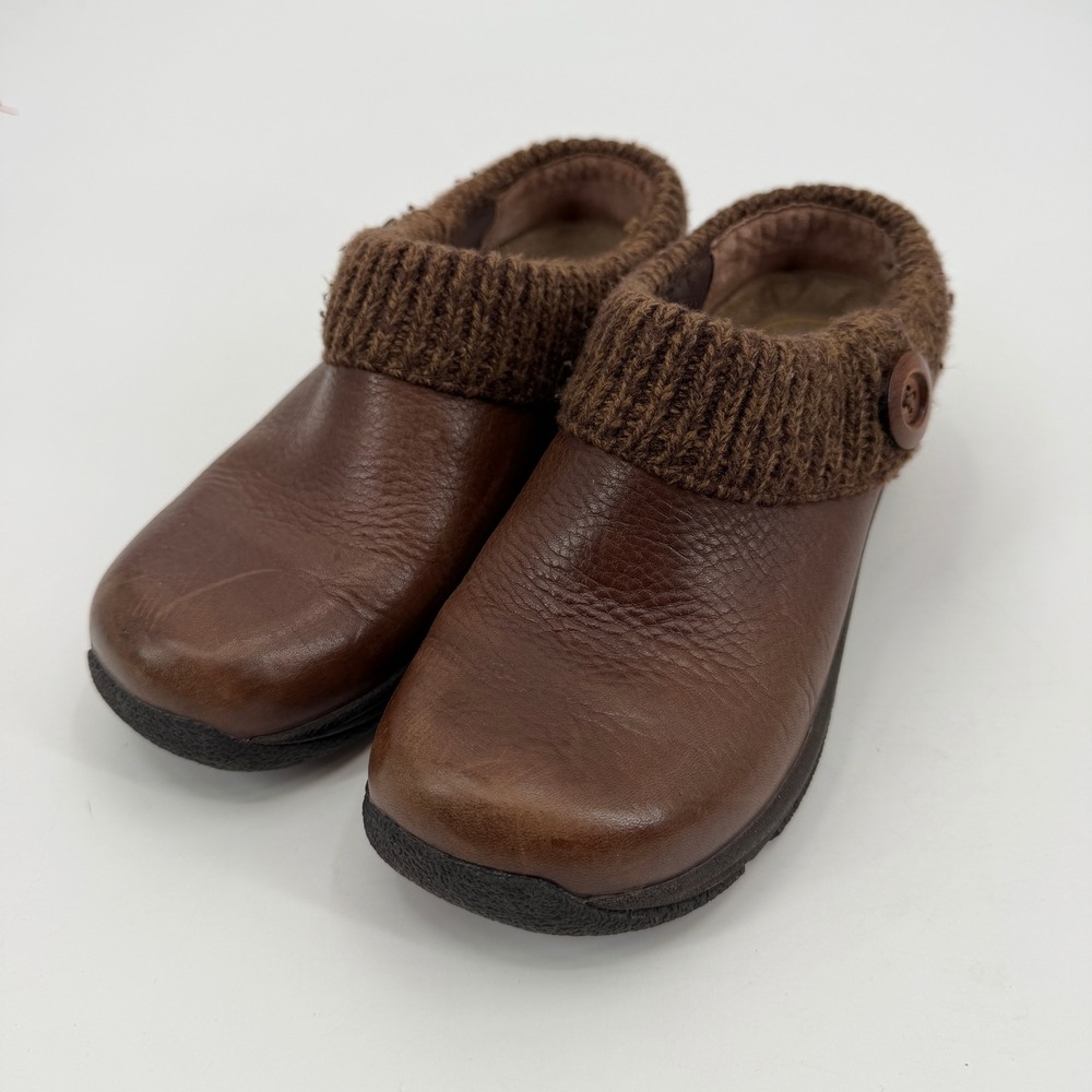 Dansko Brown Leather Knit Collar Button Mules Clogs Shoes Womens 36